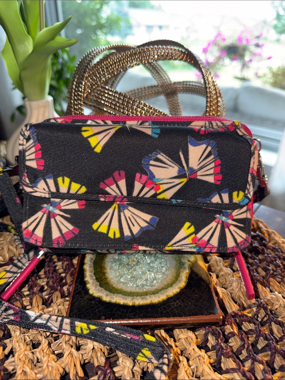Stylish Black Floral Pattern Crossbody Bag - Pink, Yellow & Blue Accents